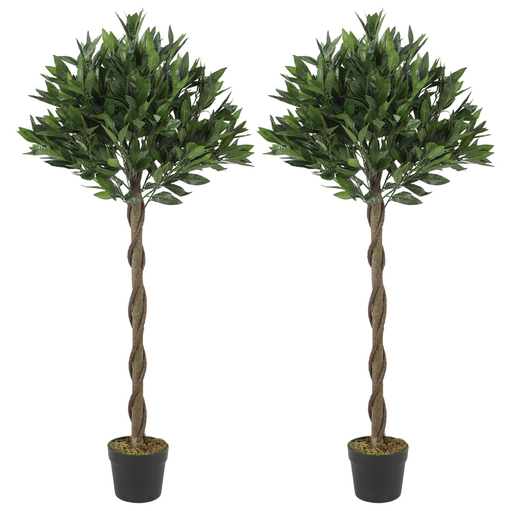 Outsunny Artificial Bay Laurel Topiary Trees with Twisted Trunk, Realistic Lush Topiary Ball Tree with Weighted Pot, Set of 2