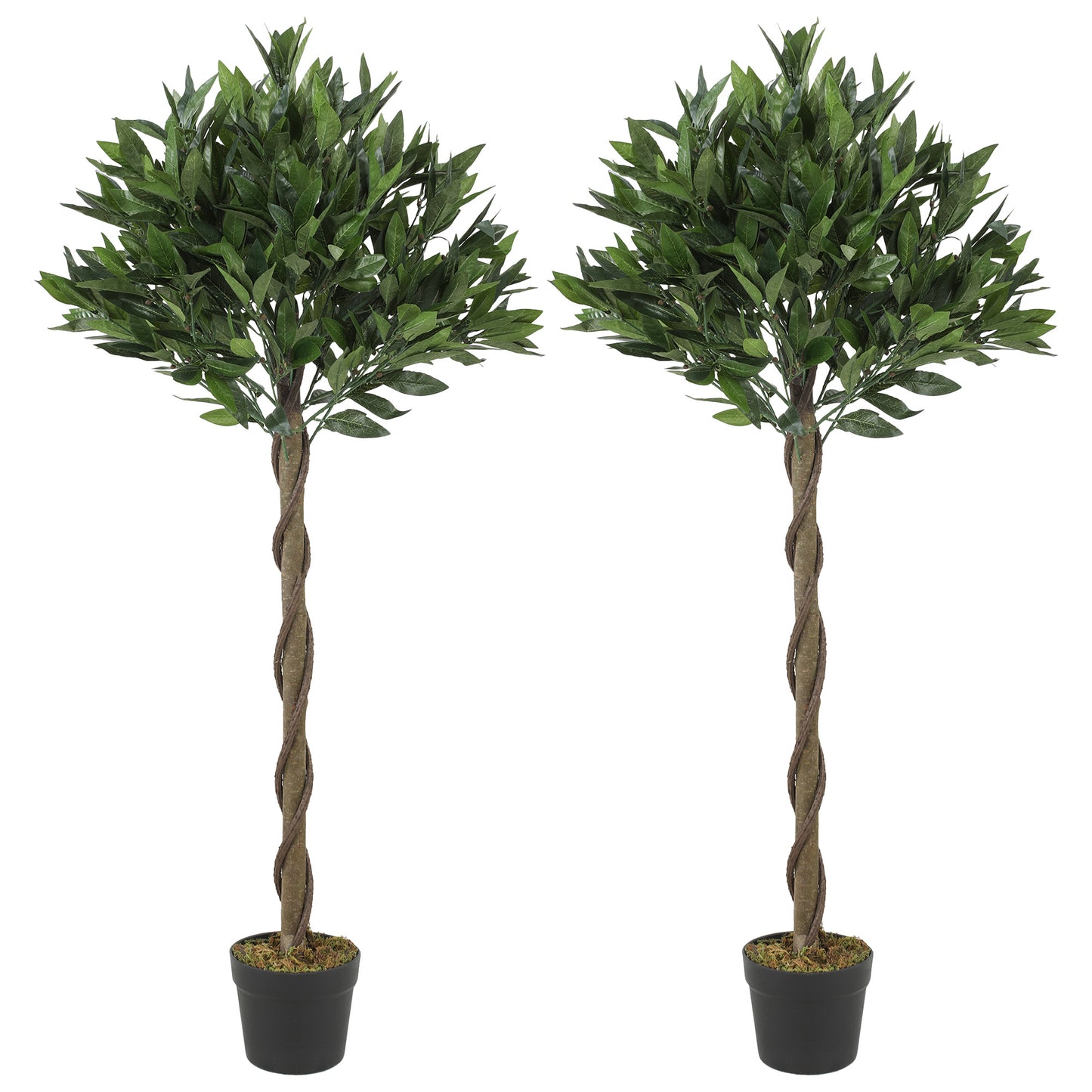 Outsunny Artificial Bay Laurel Topiary Trees with Twisted Trunk, Realistic Lush Topiary Ball Tree with Weighted Pot, Set of 2