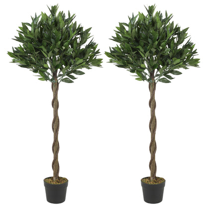 Outsunny Artificial Bay Laurel Topiary Trees with Twisted Trunk, Realistic Lush Topiary Ball Tree with Weighted Pot, Set of 2