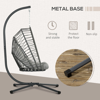 Outsunny Outdoor PE Rattan Swing Chair with Foldable Basket and Cushion, Garden Patio Hanging Egg Chair with Metal Stand, Headrest for Indoor and Outdoor, Light Grey