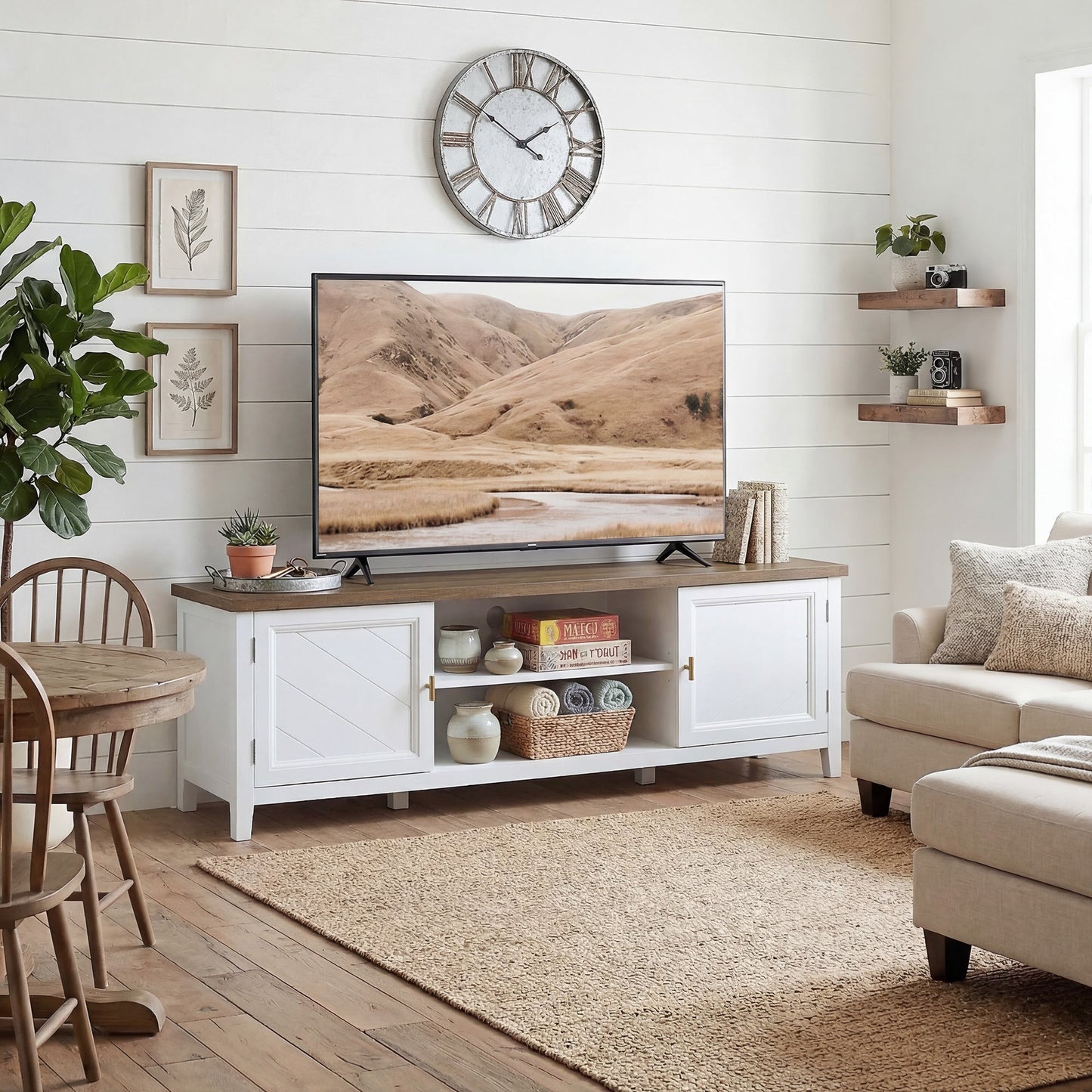 HOMCOM TV Stand for TVs up to 42 Inch, Farmhouse Entertainment Center with 2 Open Shelves, 2 Cabinets and Thick Top