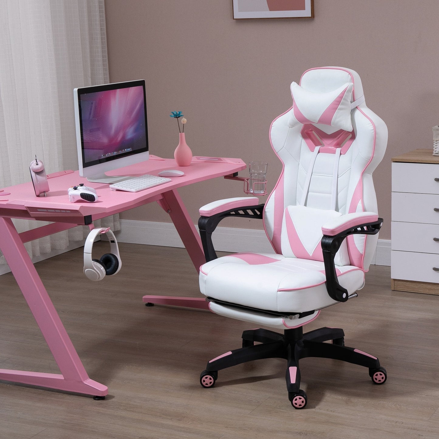 Vinsetto Gaming Chair Ergonomic Reclining w/ Manual Footrest 5 Wheels Stylish Office Pink