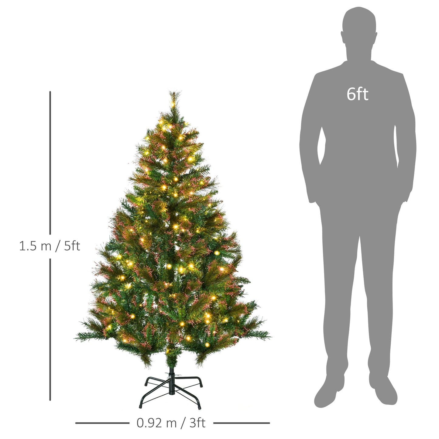 HOMCOM 1.5m 5ft Pre-Lit Christmas Tree Artificial Spruce Xmas Tree Warm White LED Holiday DÃ©cor with Metal Stand