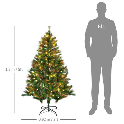 HOMCOM 1.5m 5ft Pre-Lit Christmas Tree Artificial Spruce Xmas Tree Warm White LED Holiday DÃ©cor with Metal Stand