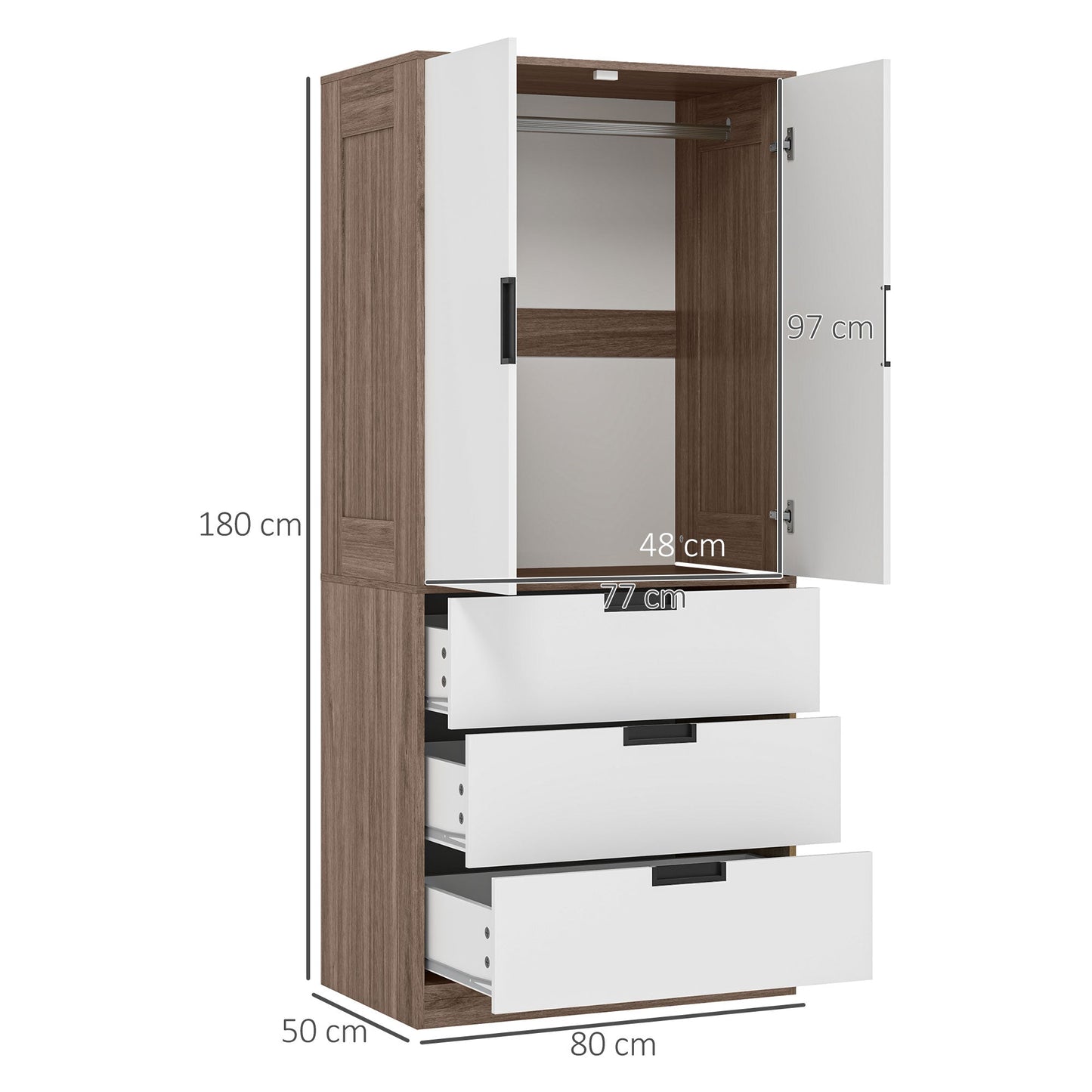HOMCOM Two Door Wardrobe with drawers for Bedroom Use Family Use, White Brown