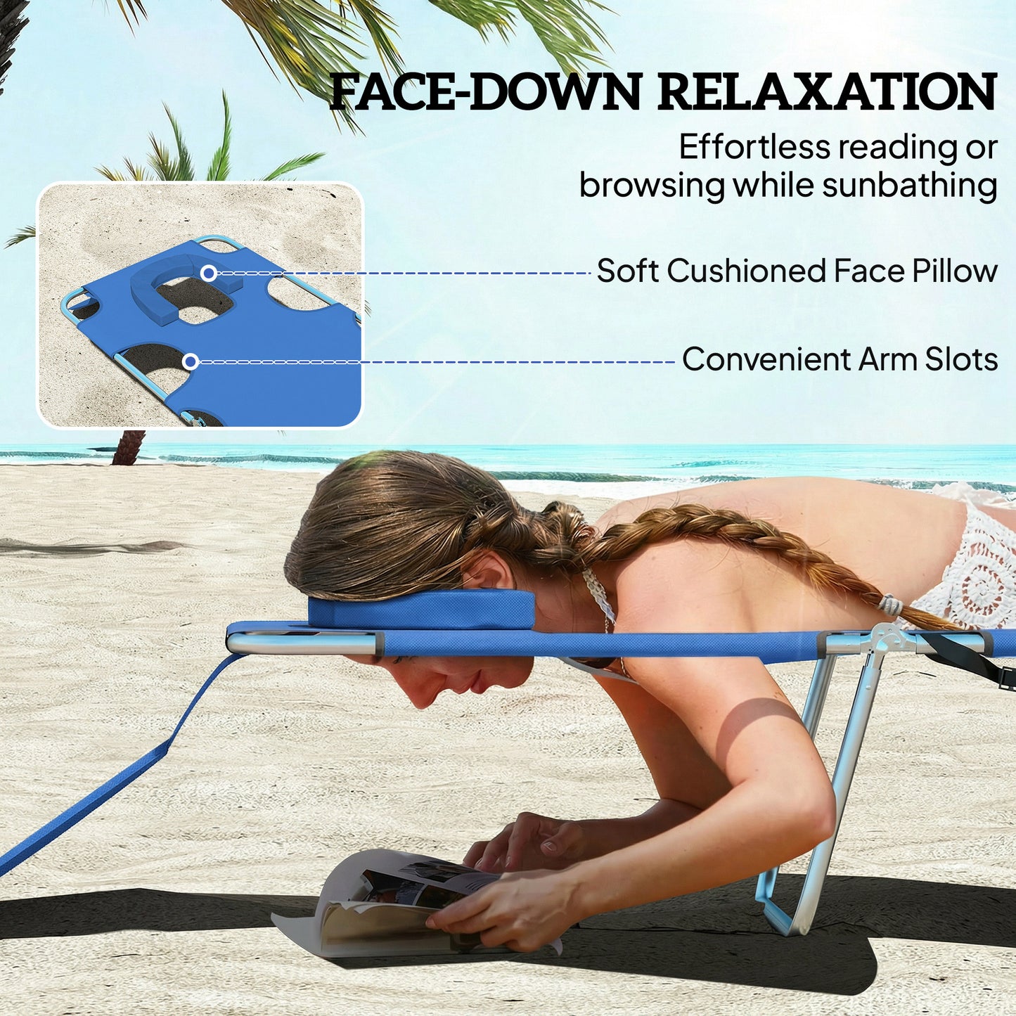 Outsunny 5-Position Adjustable Sun Loungers Set of 2 with Reading Hole and Side Pocket, Blue