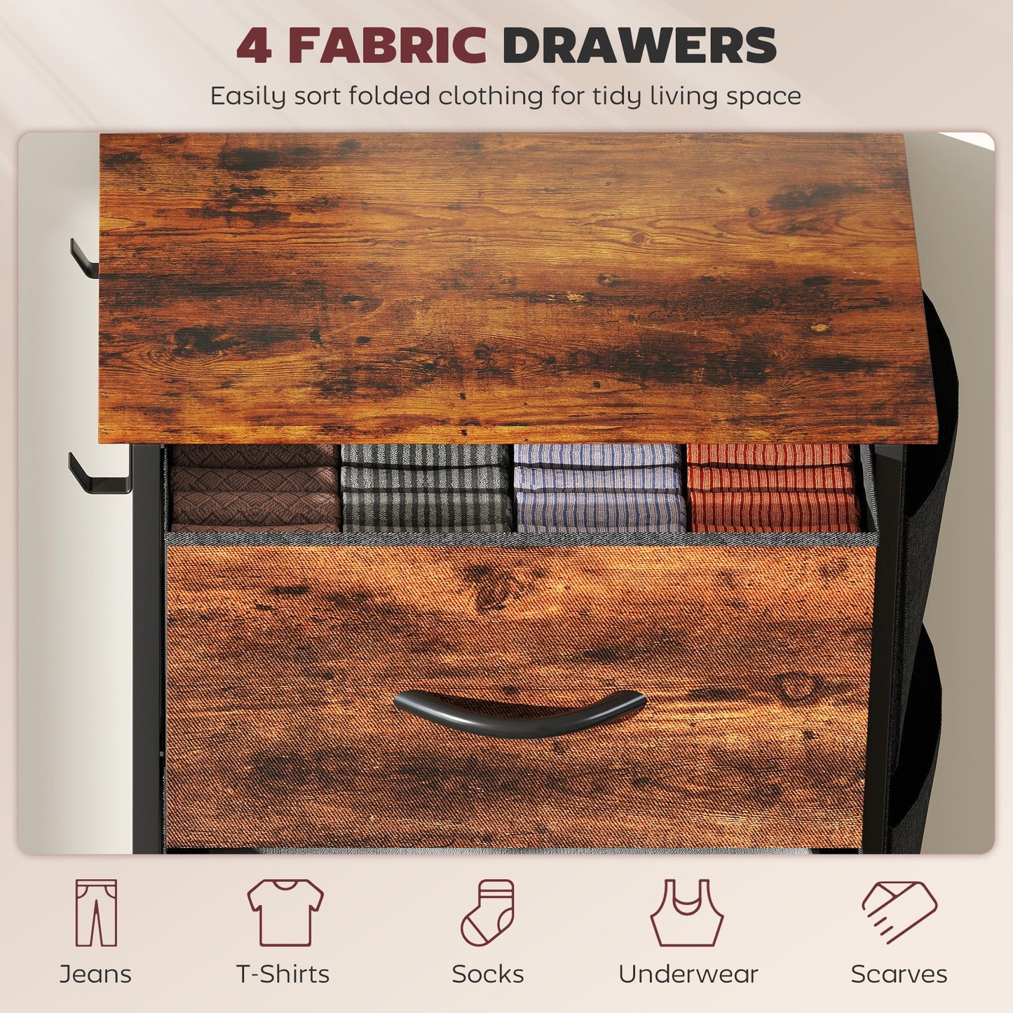 HOMCOM Chest of Four Fabric Drawers - Rustic Brown