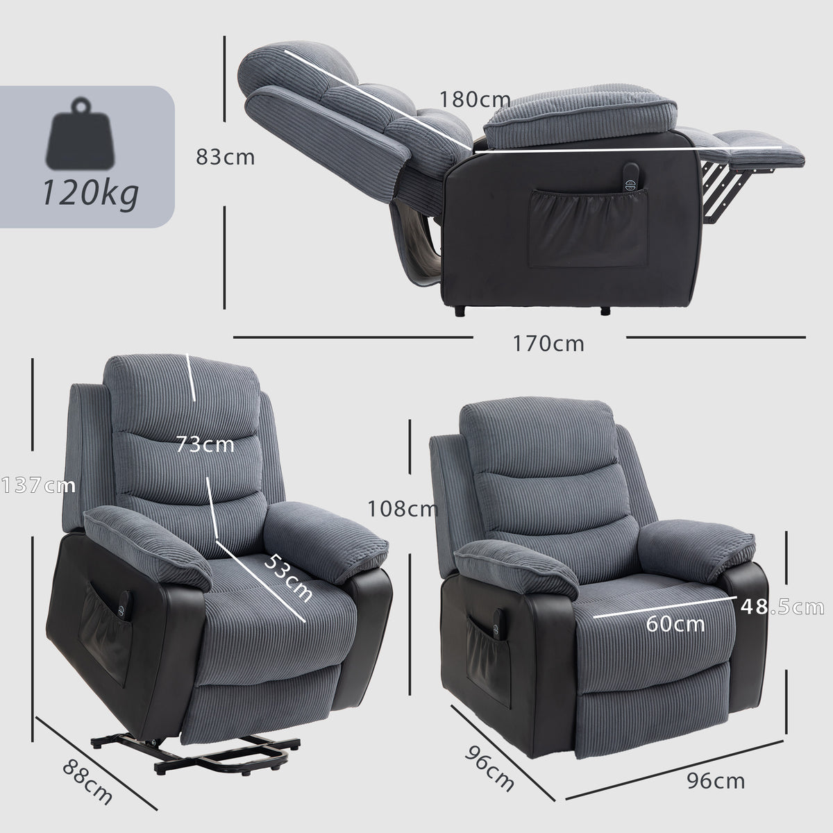 HOMCOM Riser Recliner Chair for Elderly, Electric Power Lift Recliner Armchair, Corduroy PU Leather Patchwork, Dark Grey