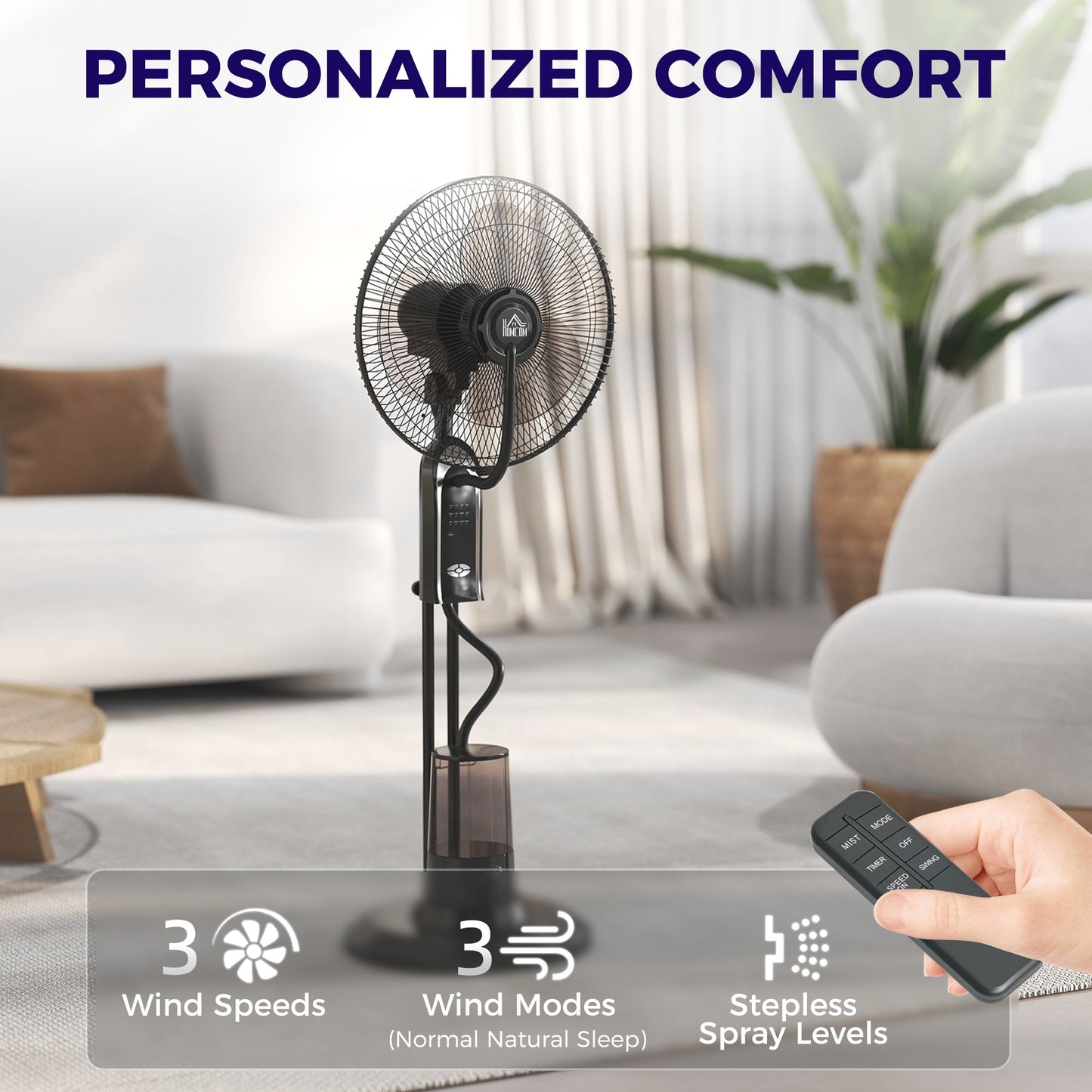 HOMCOM Pedestal Fan with Water Mist Spray, Spray Misting Fan with 70 Oscillation, Tilt Head, 3 Speeds, 3 Modes, Adjustable Mist, 3.2L Water Tank, for Home, 120 cm