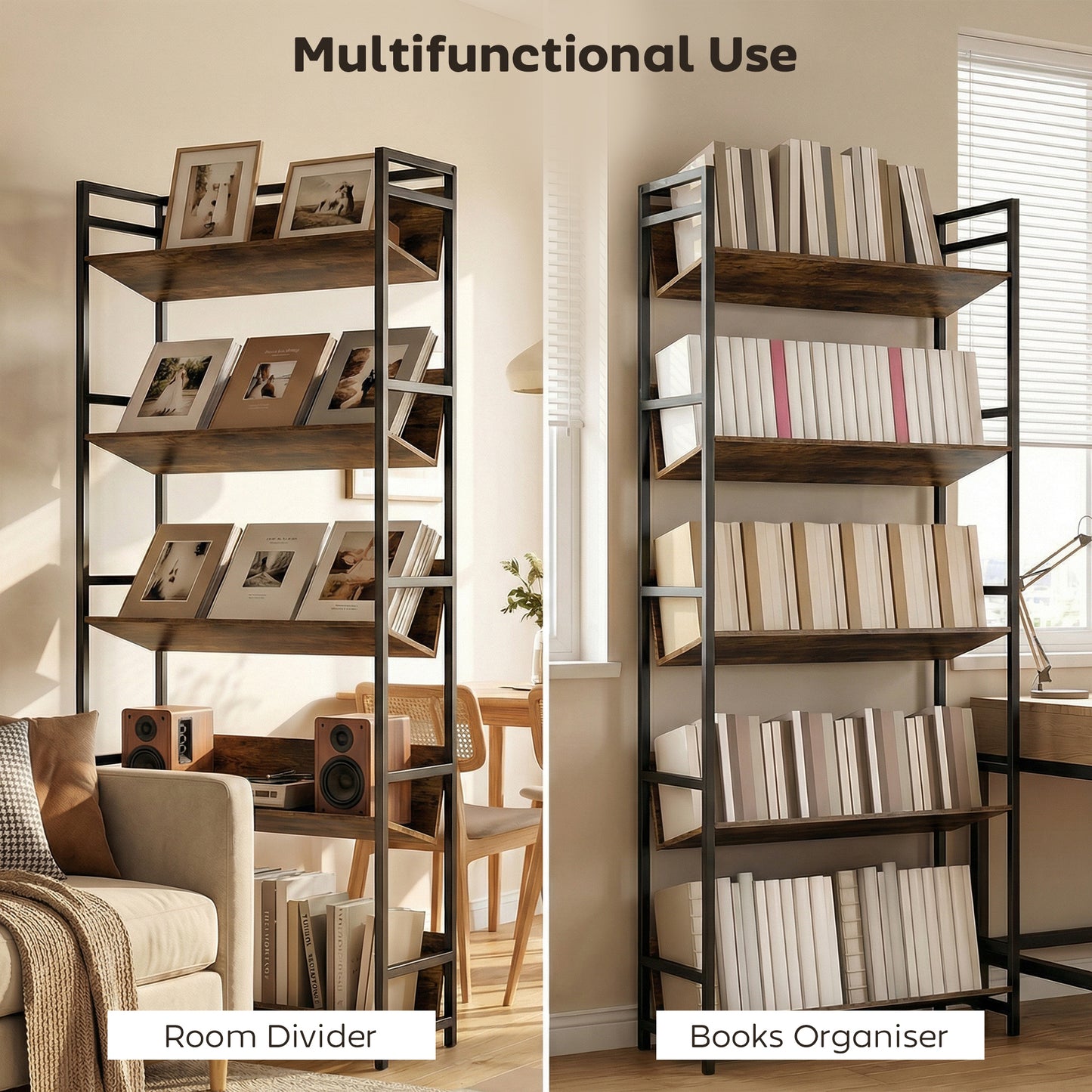 HOMCOM Bookshelf 5-Tier Metal Frame Room Divider Bookcase Storage Shelves for Living Room Rustic Brown
