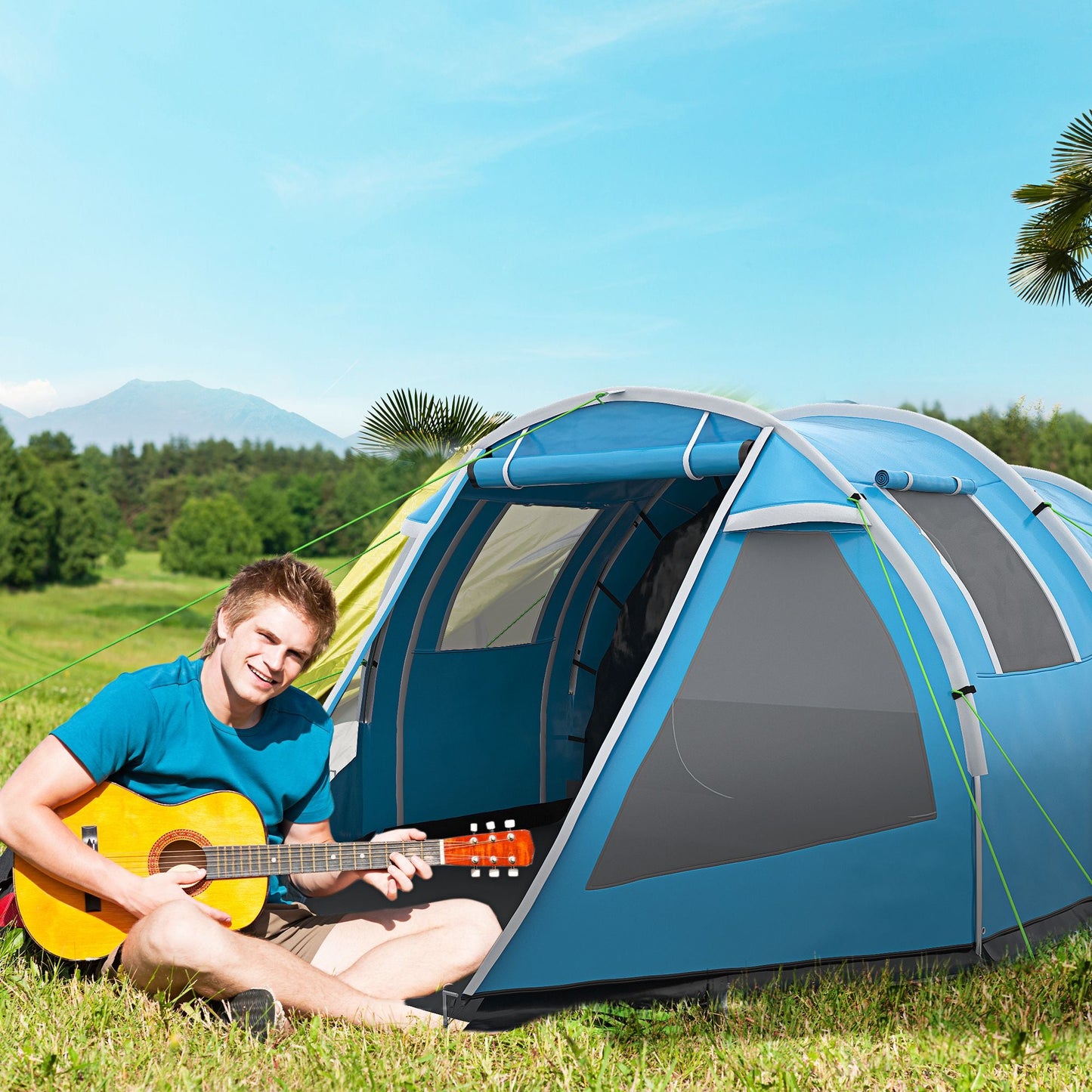 خيمة تخييم Outsunny 3-4 Man Tunnel Tent، خيمة تخييم من غرفتين مع نوافذ وأغطية، حقيبة حمل محمولة، للصيد والمشي لمسافات طويلة والرياضة والمهرجانات - أزرق