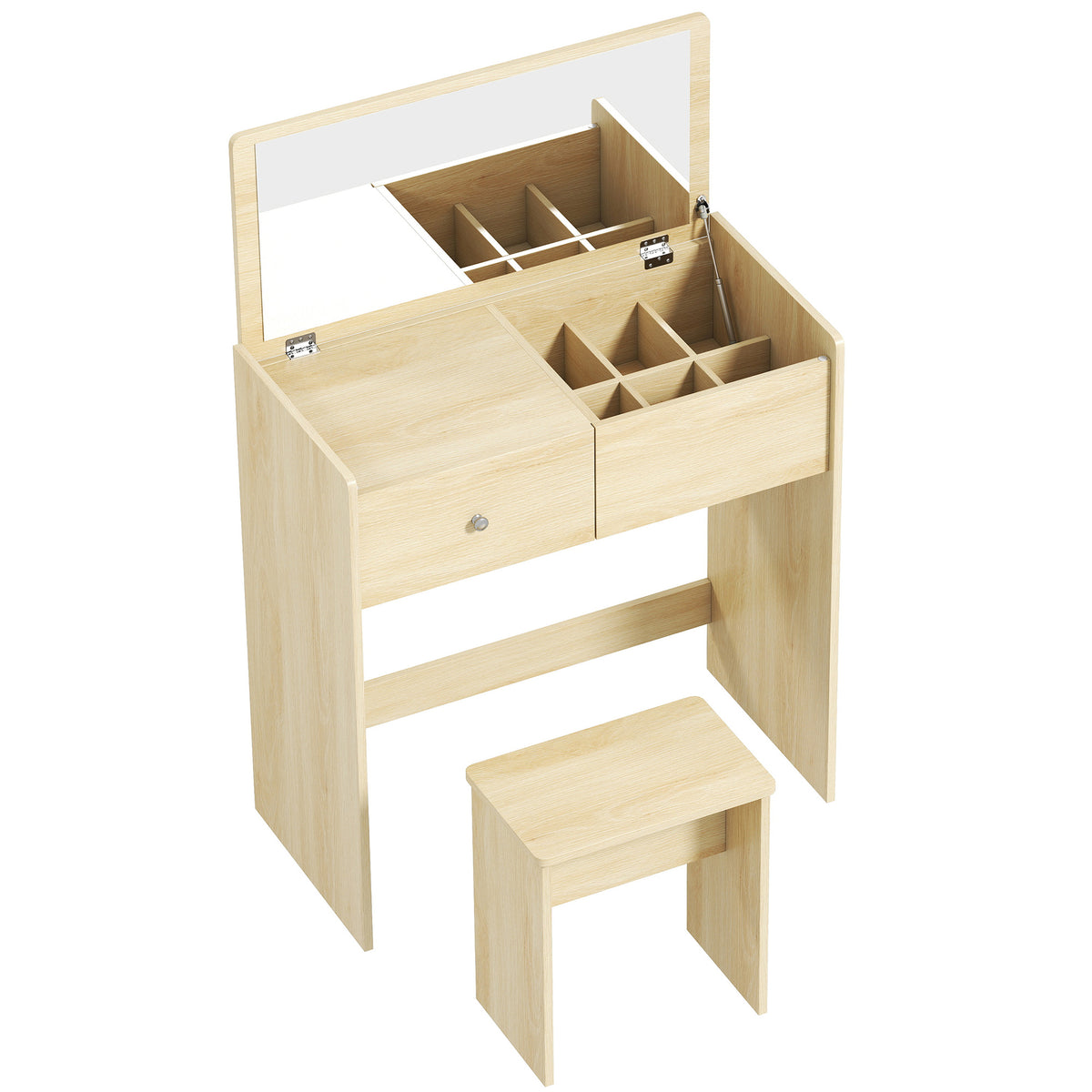 HOMCOM Vanity Desk with Mirror Dressing Table Drawer Set 6 Compartments Storage Stool White and Oak