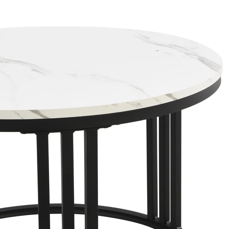 2-in-1 Round Marble Coffee Table Set with Glossy Tops, 2 Drawers, 70x70x46 + 50x50x40 cm, White+Black