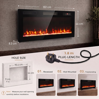 HOMCOM Ultra-Thin Electric Fire Wall Mounted/Recessed/Freestanding 102cm/40" Electric Fireplace with 12 Colours, 5 Brightness