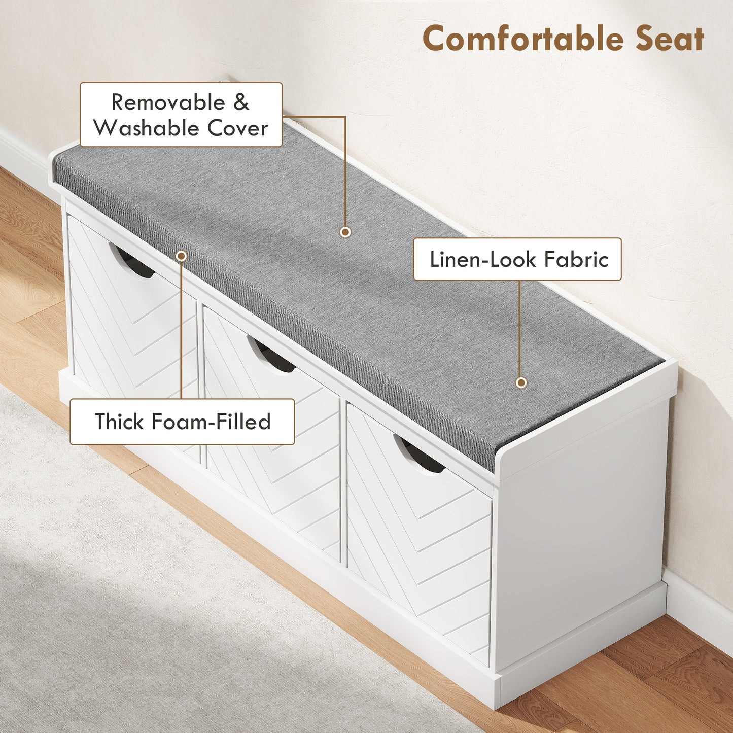 HOMCOM 3-Drawer Padded Shoe Bench with Breathable & Washable Linen-look Cover, White