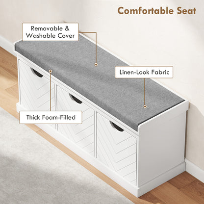 HOMCOM 3-Drawer Padded Shoe Bench with Breathable & Washable Linen-look Cover, White