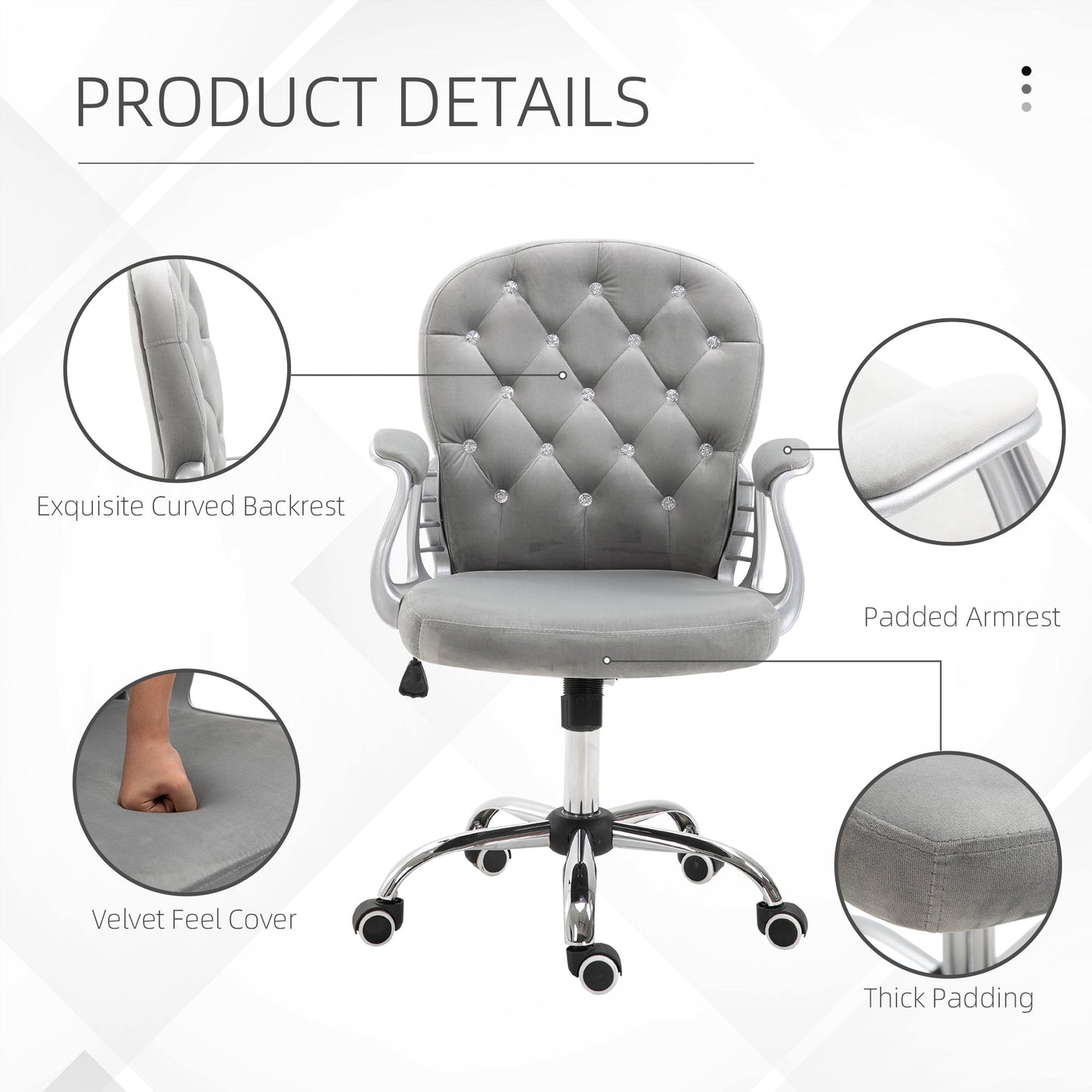 Vinsetto Office Chair with Diamond Tufted Velour, Adjustable Height, Computer Desk chair for Home Office, Grey