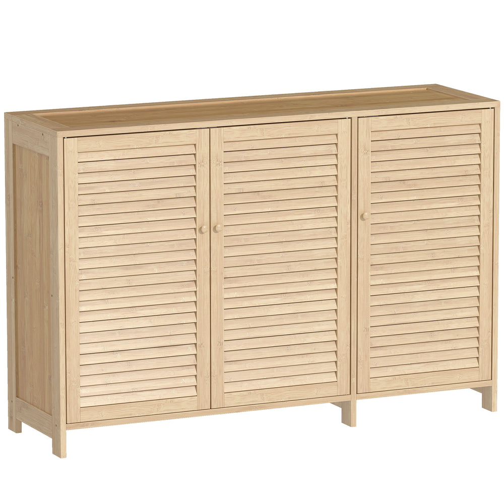 HOMCOM Bamboo Shoe Cabinet with Louvered Doors, 18 Pairs Shoe Storage Cabinet with Adjustable Shelves for Hallway, Natural