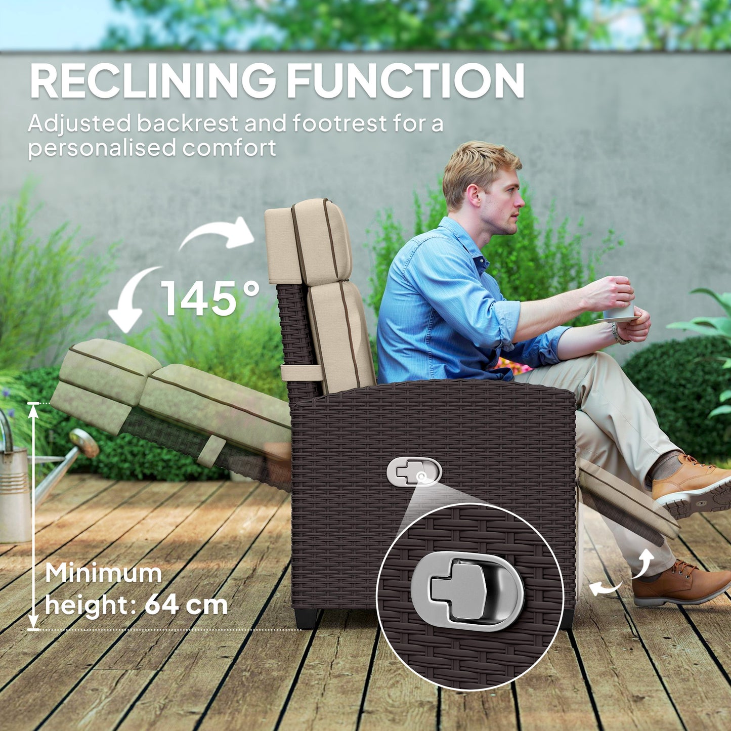 Outsunny 145Â° Reclining Rattan Armchair, with Footrest - Brown/Khaki