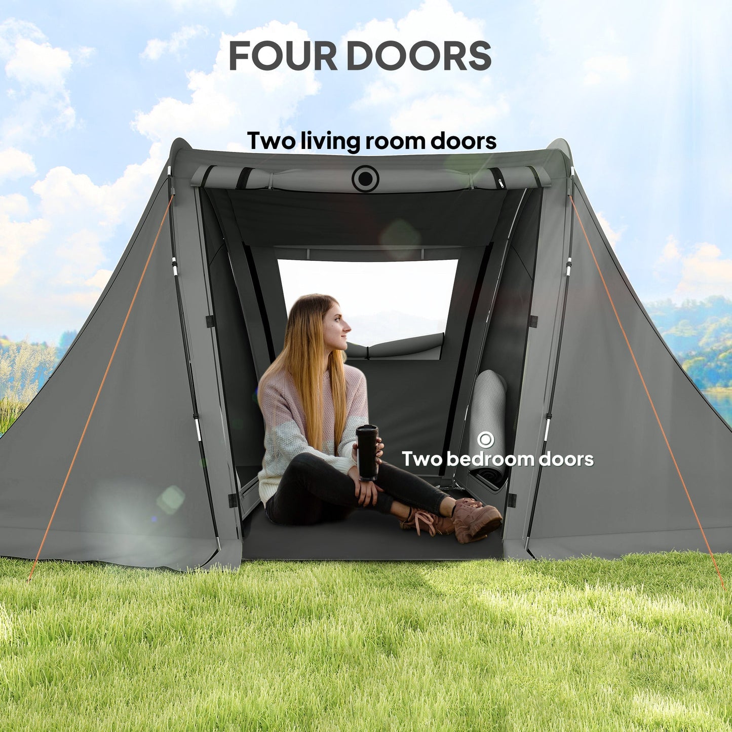 Outsunny 3 Man Camping Tent with Living Area and 2 Bedrooms, 3000mm Waterproof Family Tent with Sewn-in Groundsheet, Portable Dome Tent with Bag for Hiking, Festival, Backpacking, Drak Grey