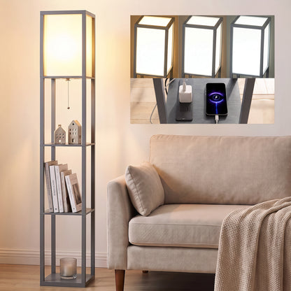 HOMCOM Floor Lamp with Shelves, 3 Layer Column Modern Standing Lamp for Living Room, Bedroom, Office, Grey