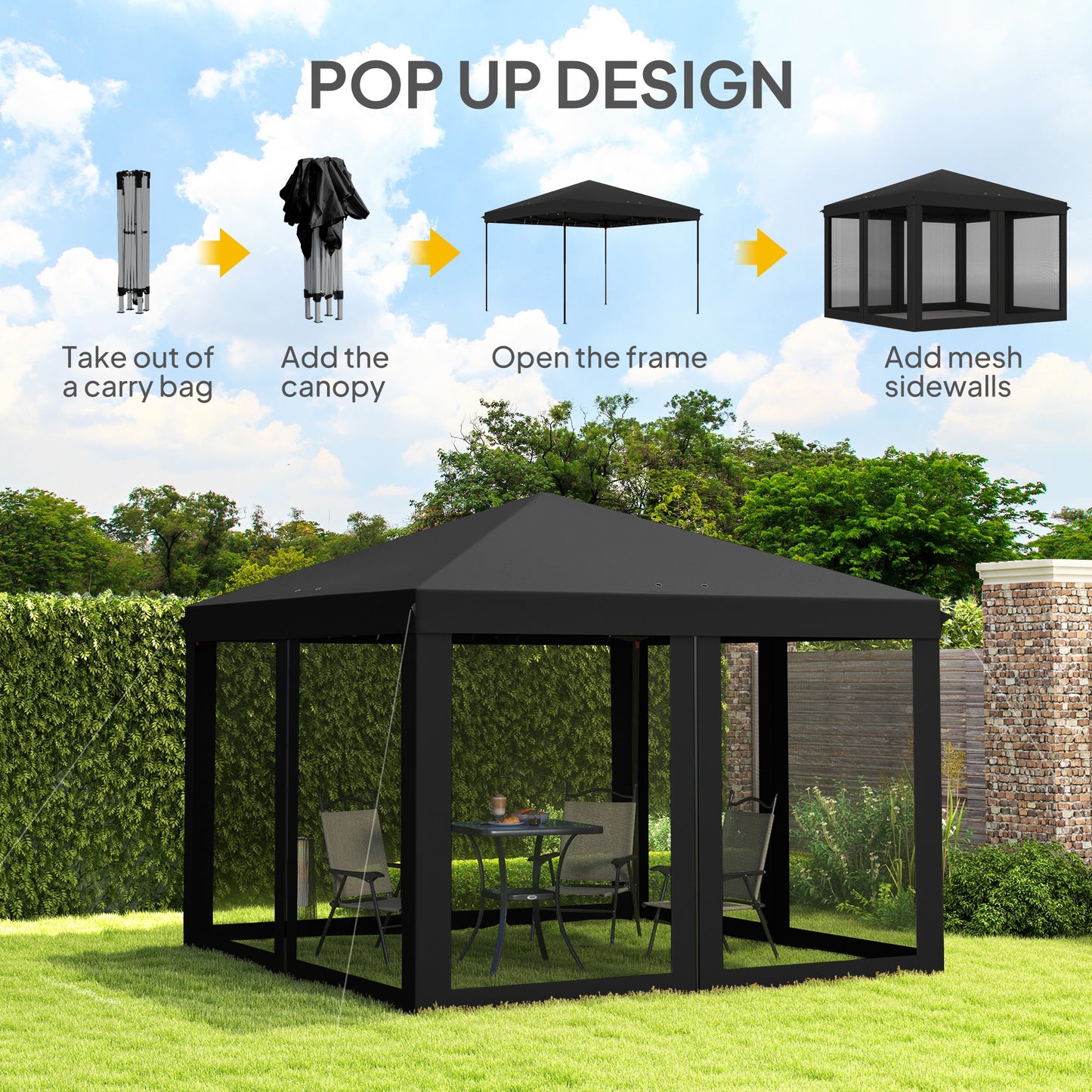 Outsunny 3 x 3Êm Pop Up Gazebo, 420D Garden Tent Canopy with Removable Mesh Sidewall Netting, Carry Bag for Garden Patio Outdoor, Black
