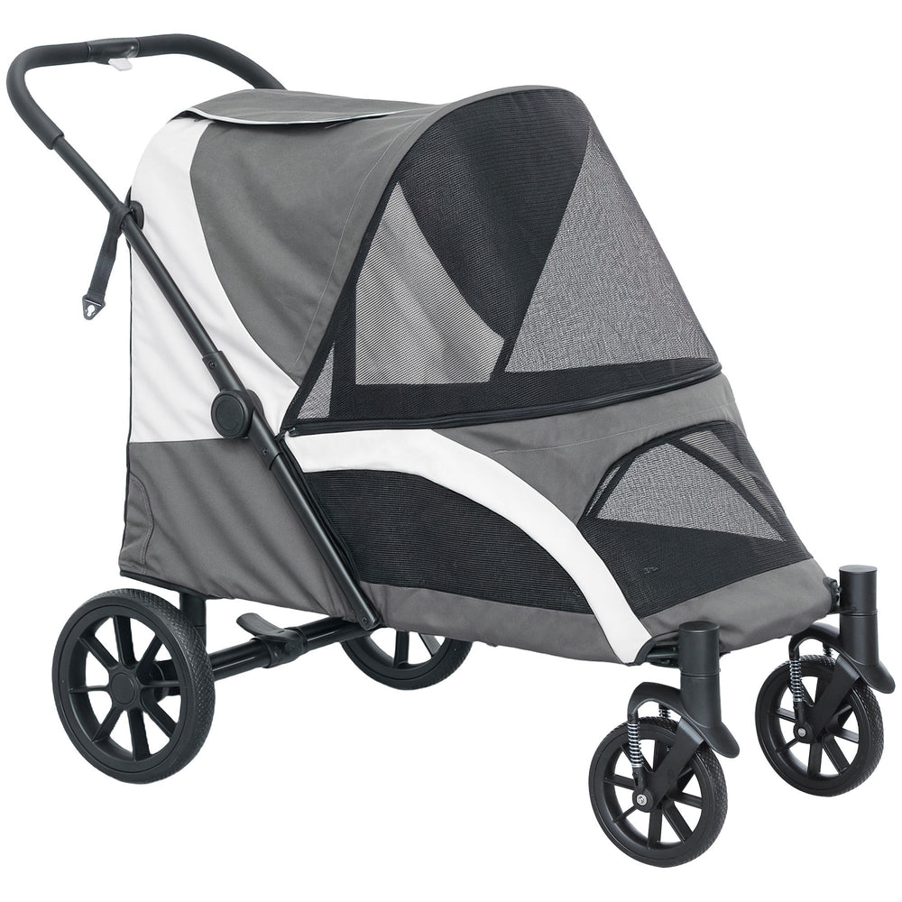 PawHut Foldable Pet Stroller for Large Dogs with 4 Big Wheels, Shock-Absorbing Frame, Safety Leashes, Brakes, Dark Grey