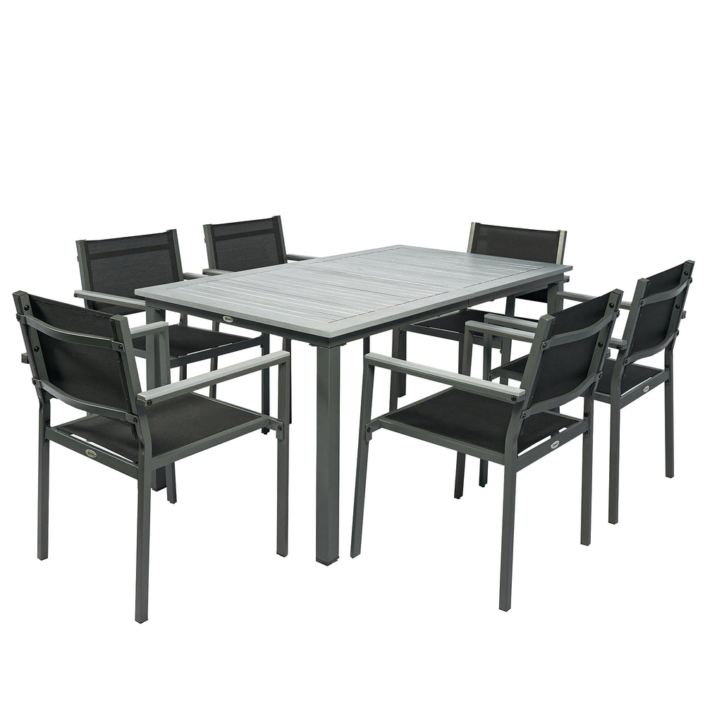 Outsunny Garden Dining Set with Acacia Wood Table Top, Outdoor Table and Stackable Chairs Set for 6 with Texteline Seat, for Patio, Conservatory, Terrace, Grey