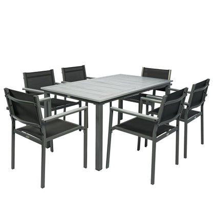 Outsunny Garden Dining Set with Acacia Wood Table Top, Outdoor Table and Stackable Chairs Set for 6 with Texteline Seat, for Patio, Conservatory, Terrace, Grey