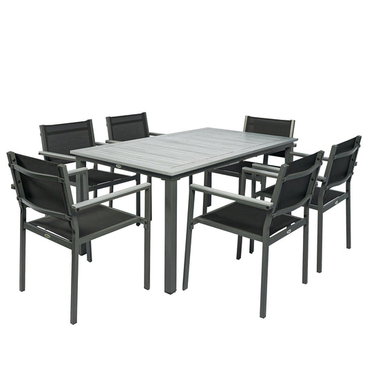 Outsunny Garden Dining Set with Acacia Wood Table Top, Outdoor Table and Stackable Chairs Set for 6 with Texteline Seat, for Patio, Conservatory, Terrace, Grey