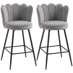 HOMCOM Set of Two Velvet-Feel Lotus Bar Stools - Grey
