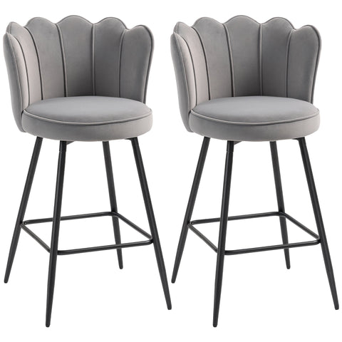 HOMCOM Set of Two Velvet-Feel Lotus Bar Stools - Grey