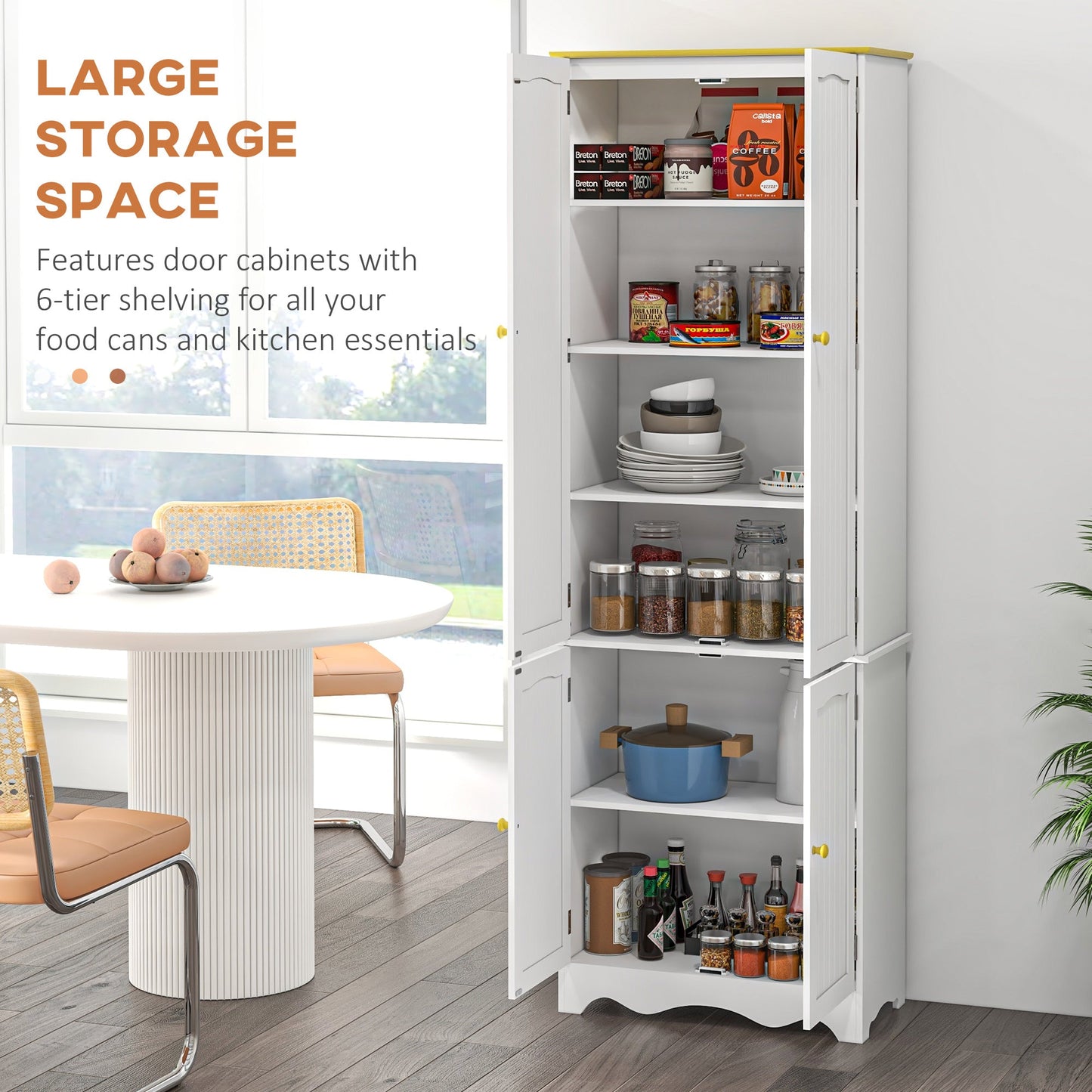 HOMCOM Freestanding 4-Door Kitchen Cupboard, Storage Cabinet Organizer with 4 Shelves, 183cm, White