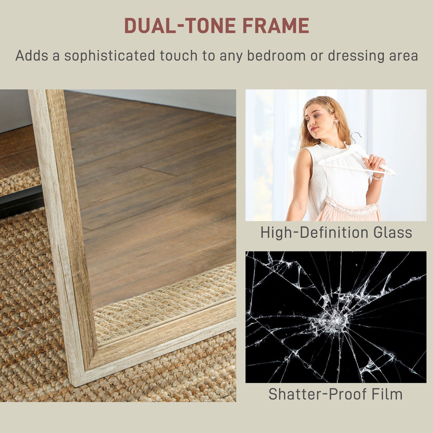 HOMCOM 162.6 cm Two-Tone Full Length Mirror - White/Oak-Tone