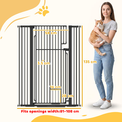 PawHut 135cm Extra Tall Dog Gate with Cat Door, Fits Openings 81-108 cm Pressure Mounted for Doorways, Hallways, No Drilling