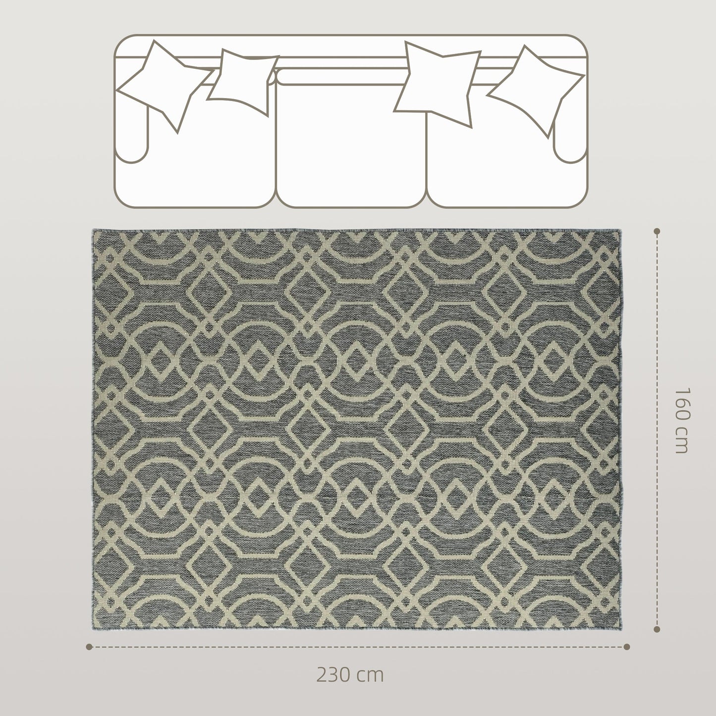 HOMCOM UV Resistant Indoor & Outdoor Area Rug, Easy-Cleaning Machine Washable Rug with Geometric Pattern for Patio, Garden, Kitchen, Bathroom or Living Room, 230 x 160 cm, Grey