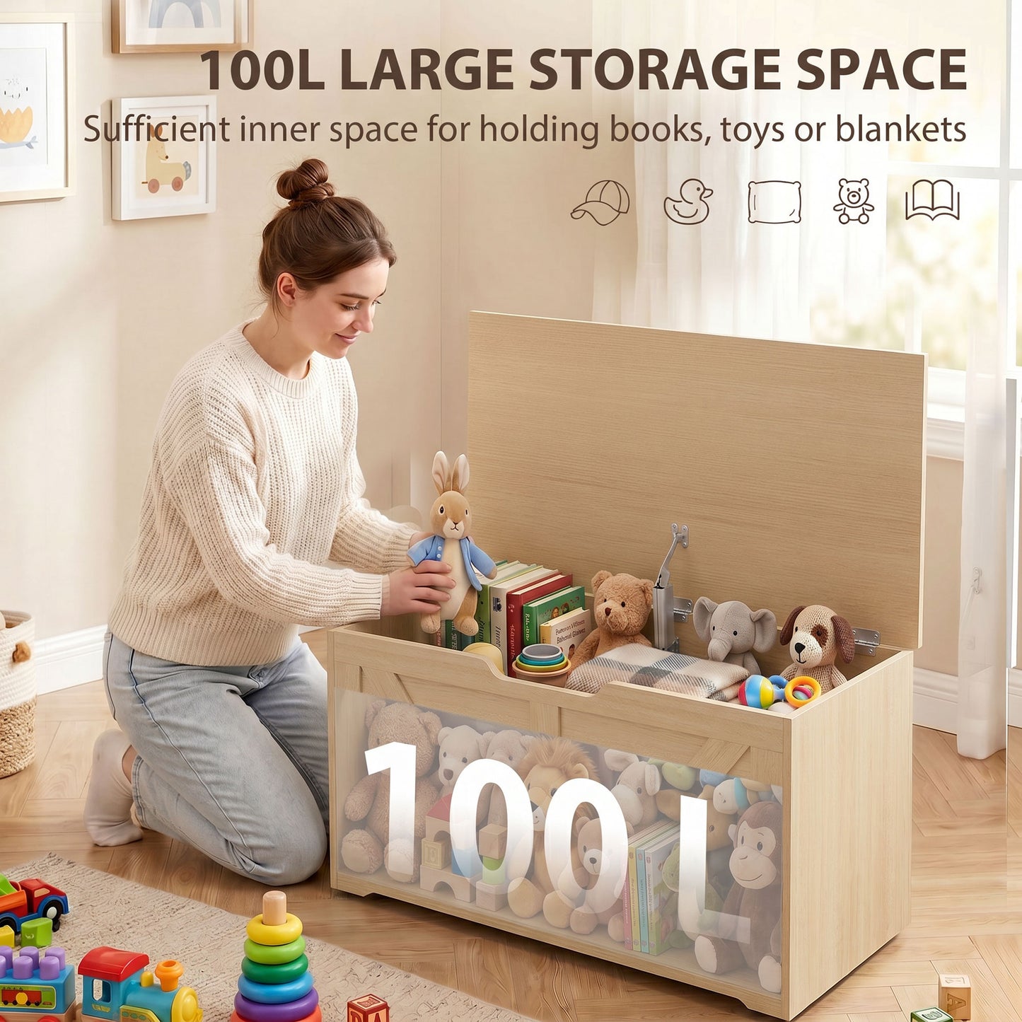 HOMCOM 100L Home Storage Box, with Safety Hinge - Nature Wood Finish