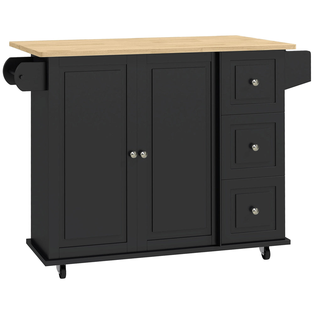 HOMCOM Kitchen Island with Drop Leaf, Rolling Kitchen Storage Trolley on Wheels with 3 Drawers, Black