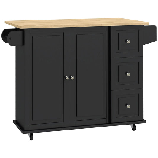 HOMCOM Kitchen Island with Drop Leaf, Rolling Kitchen Storage Trolley on Wheels with 3 Drawers, Black