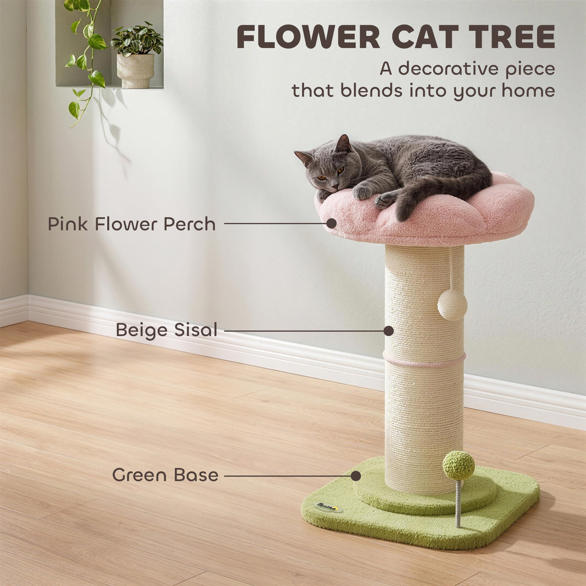 PawHut Cat Tree, Flower Cat Scratching Post with Thick Sisal Post, Dangling & Spring Balls, Bed, Kitty Activity Centre