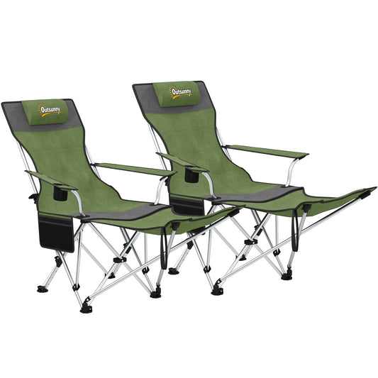 Outsunny Set of 2 Reclining Folding Camping Chair w/ Detachable Footrest, Storage Bag, Cup Holder & Headrest, Lightweight Portable Camp Chair for Beach, Picnic, Olive Green and Grey