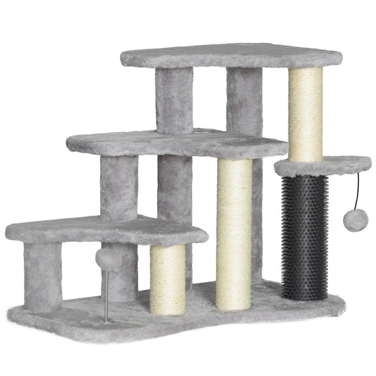 PawHut 2-in-1 Cat Tree, Pet Stairs w/ Scratching Post, Toy Balls, for Bed, Sofa, Couch, Light Grey