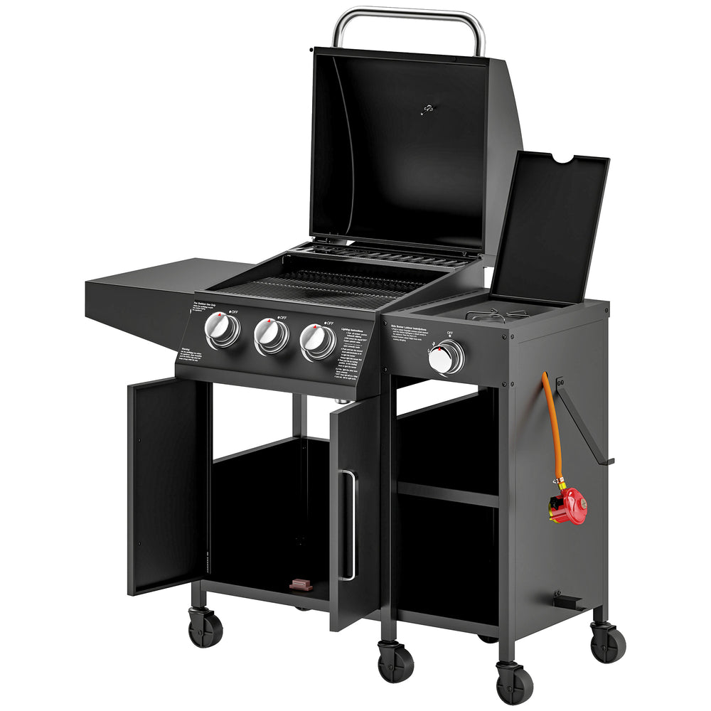 Outsunny 3+1 Burner Gas BBQ Grill with Storage Cabinet and Shelves, 9.5 kW Gas Barbecue Trolley with 6 Castor Wheels, Warming Rack, Thermometer for Outdoor Cooking Garden Party, Black