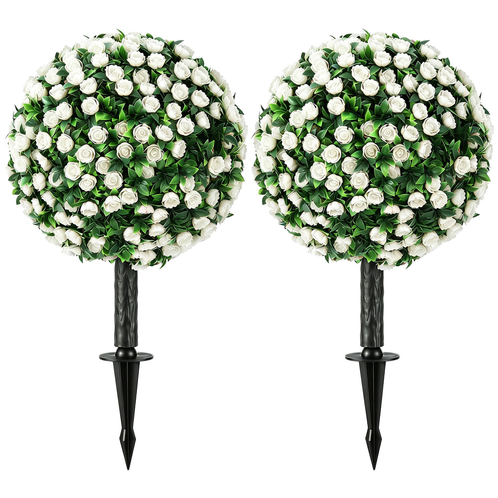 HOMCOM Artificial Rose Topiary UV Resistant, 2-Pack Fake Plants, 55 cm, White