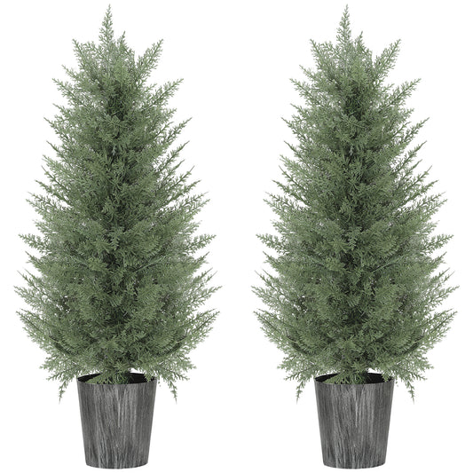 HOMCOM 90cm Artificial Cypress Trees Set of 2, UV Resistant Artificial Plants with Decorative Pot, Fake Plants for Indoor Outdoor Decor, Green