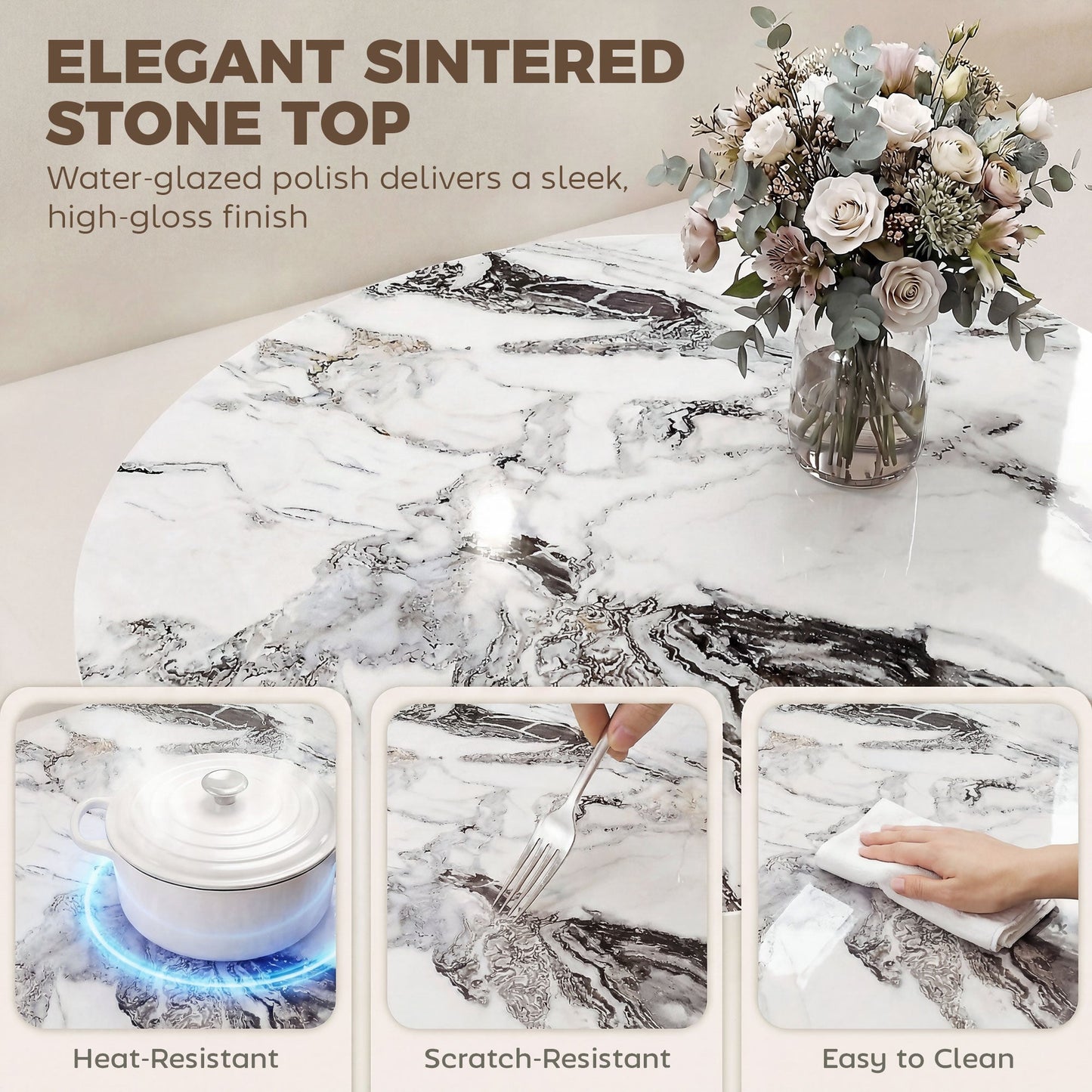 HOMCOM Coffee Table Sintered Stone Top Adjustable Foot Pads Modern Center Table for Living Room White and Black