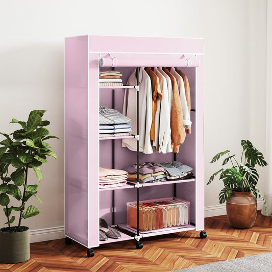 HOMCOM Fabric Wardrobe w/ Shelves Hanging Rail Foldable Wardrobe Pink