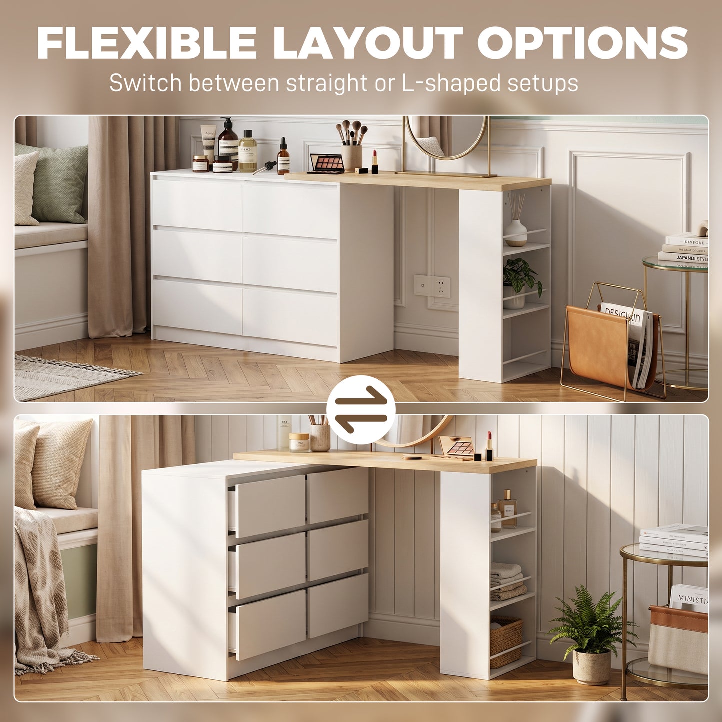 HOMCOM Vanity Table, Dressing Table with 6 Drawers and 3-Tier Shelf for Women and Girls, White