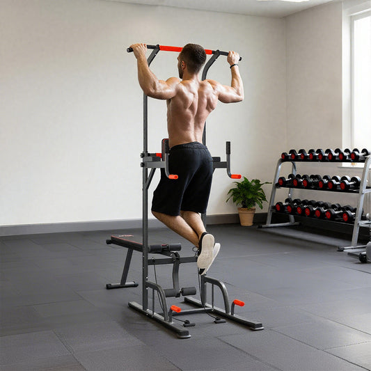 HOMCOM Multifunction Power Tower Home Workout Dip Station w/ Sit-up Bench Push-up Bars and Tension Ropes Fitness Equipment Office Gym Training