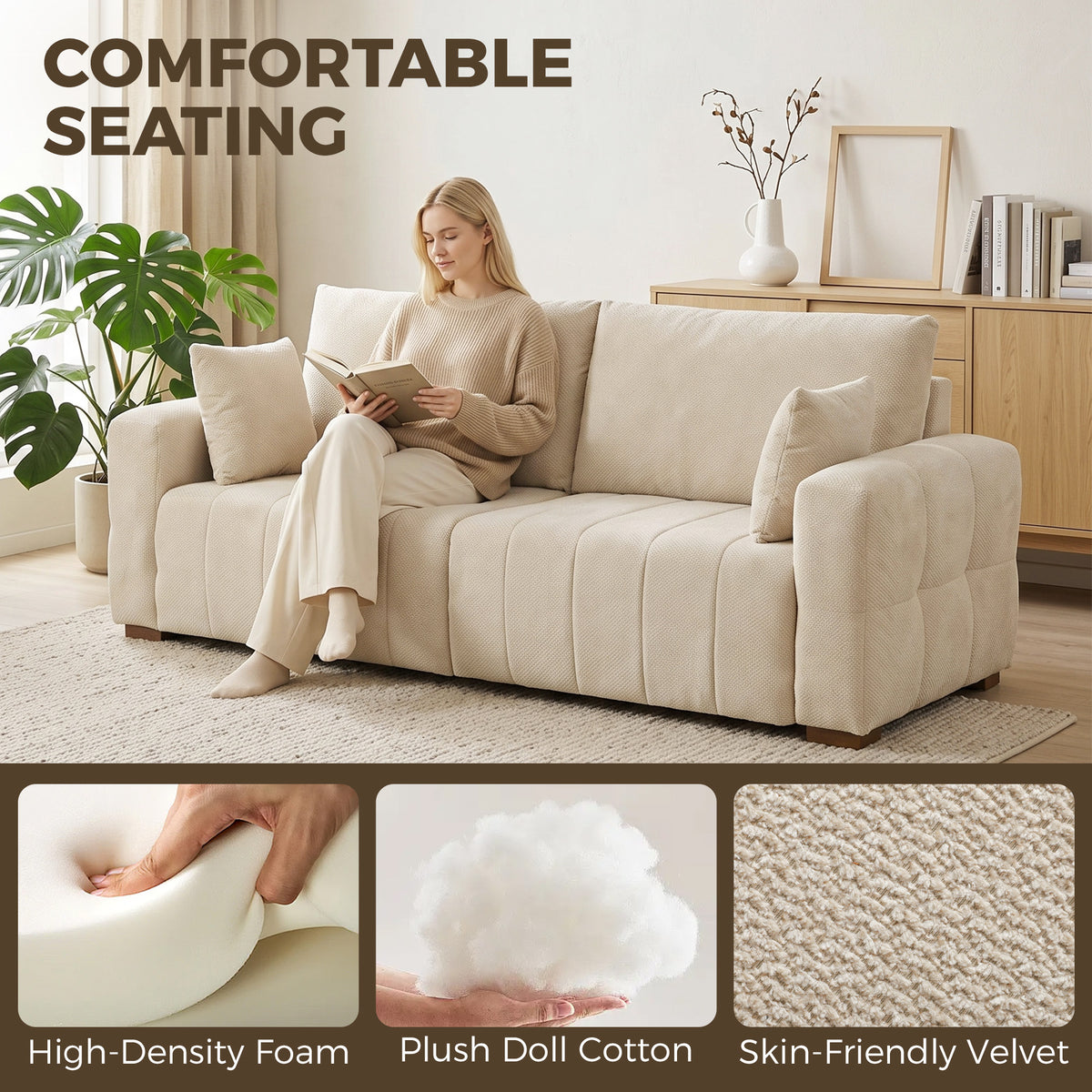 HOMCOM 3 Seater Sofa, Upholstered Velvet Couch for Bedroom with Pillows, Padded Cushion and Wood Legs, Cream White